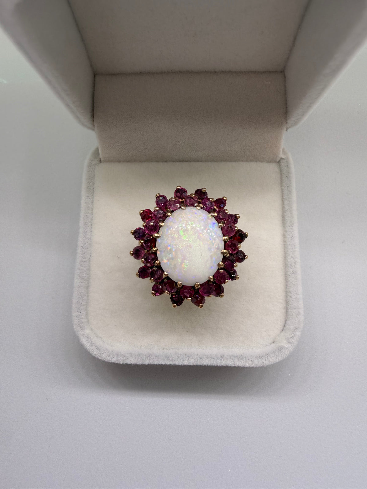 9k Yellow Gold Vintage Opal & Ruby Cluster Ring