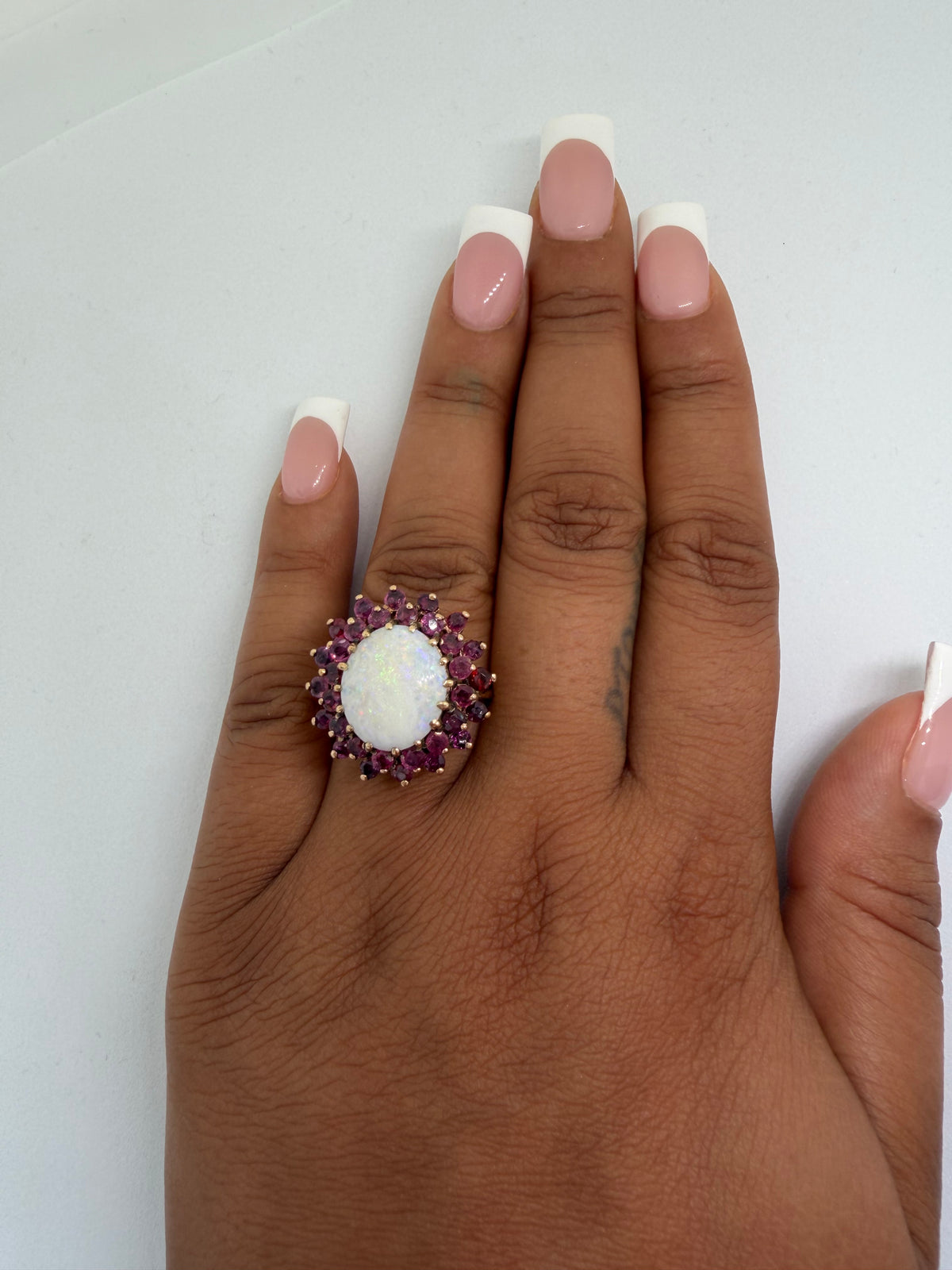 9k Yellow Gold Vintage Opal & Ruby Cluster Ring